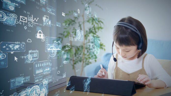 Online,Education,Concept.,Online,Class.,Asian,Little,Girl,Studying,At