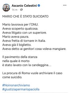 Appello sulla pagina Facebook "Giustizia per Mario Paciolla"