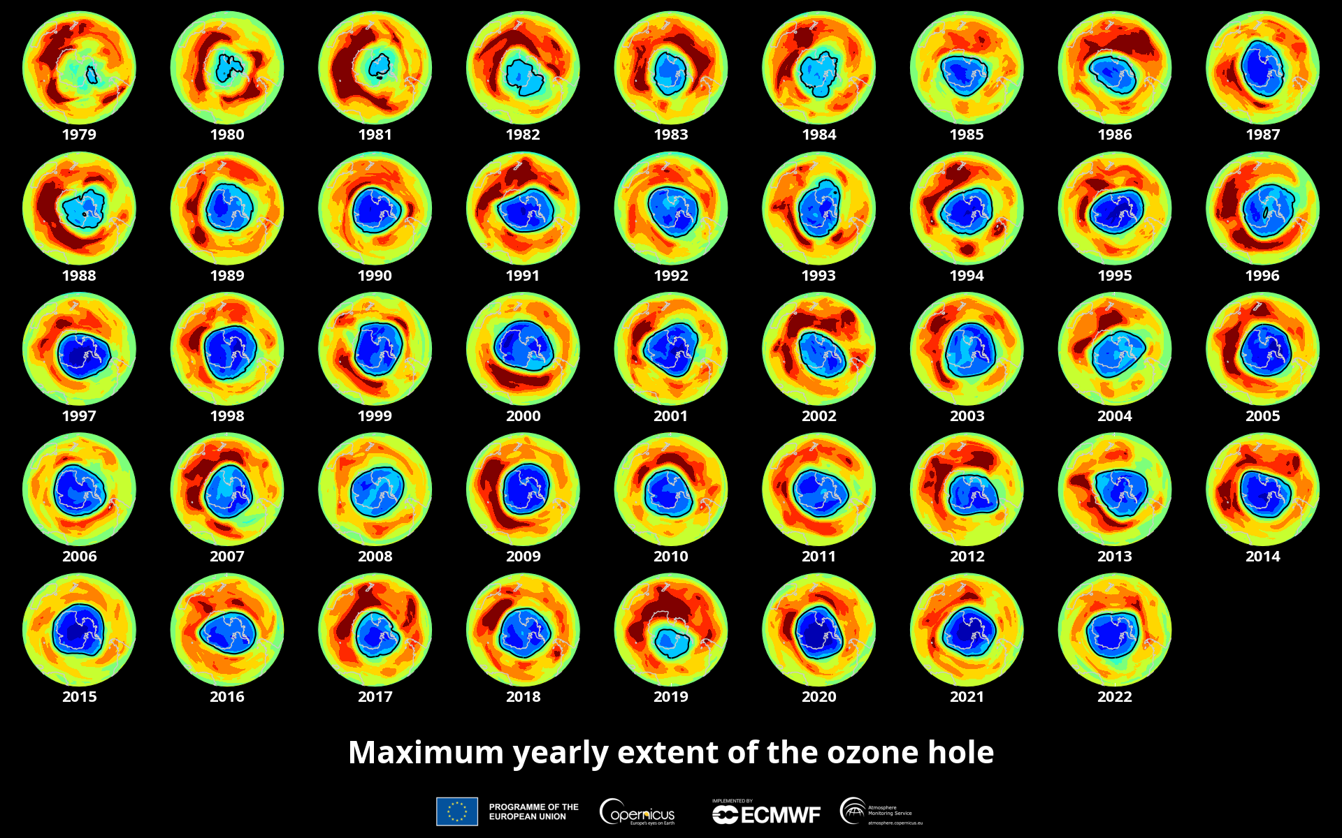 Estensione del buco nell'ozono dal 1979 al 2022