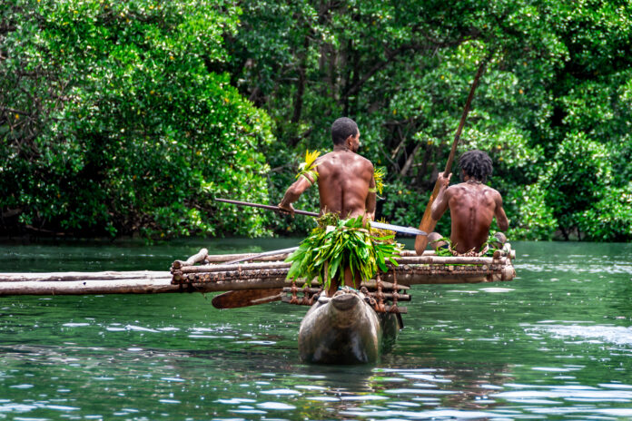 Two,Sportive,Indigenous,Tribal,Men,With,Paddles,In,A,Traditional